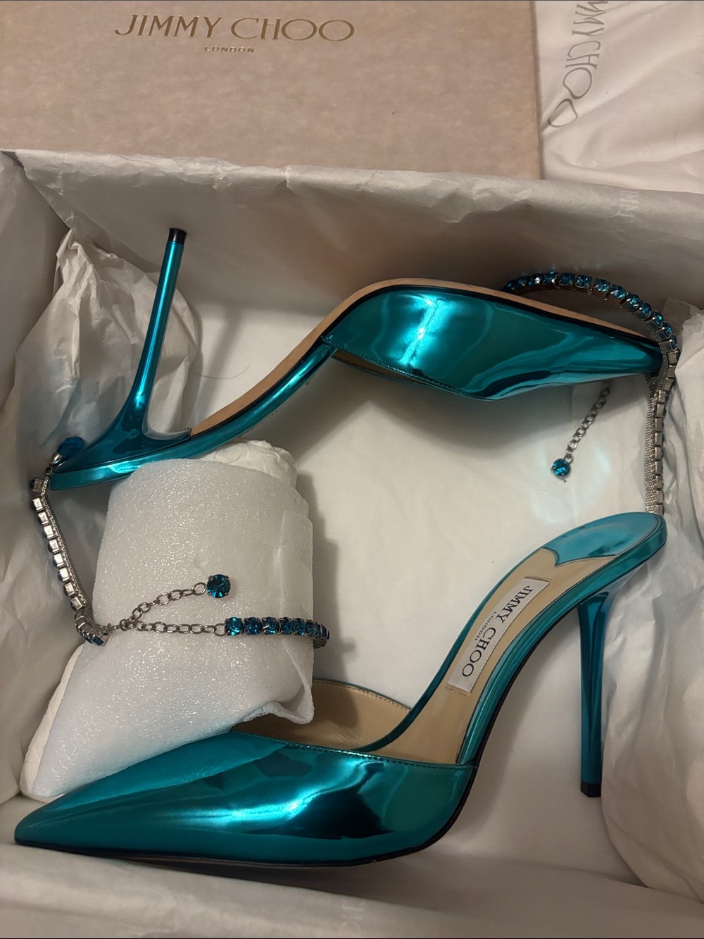 Jimmy Choo Metallic Teal Stiletto Slingback Heels